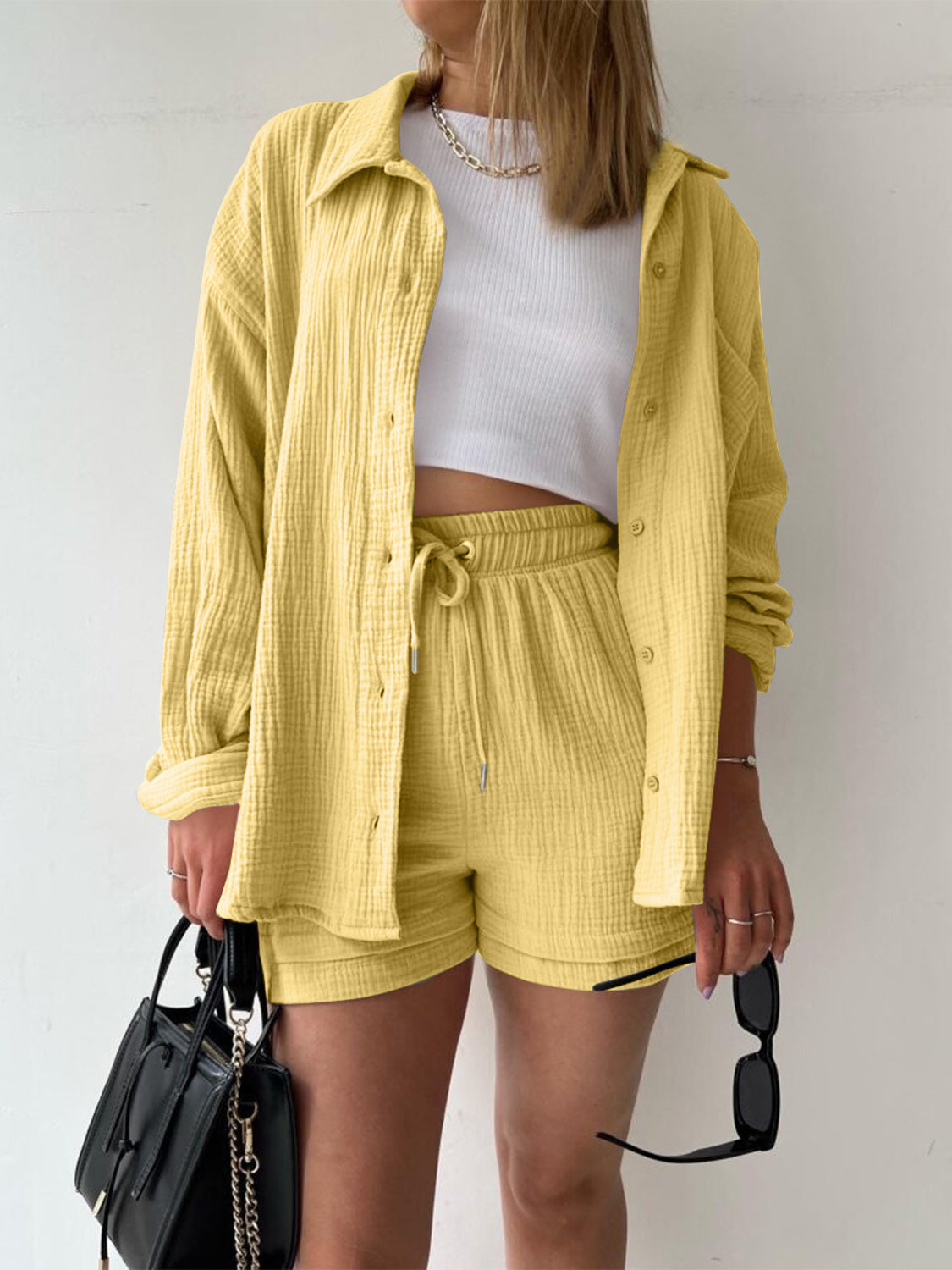 Texture Button Up Shirt and Drawstring Shorts Set