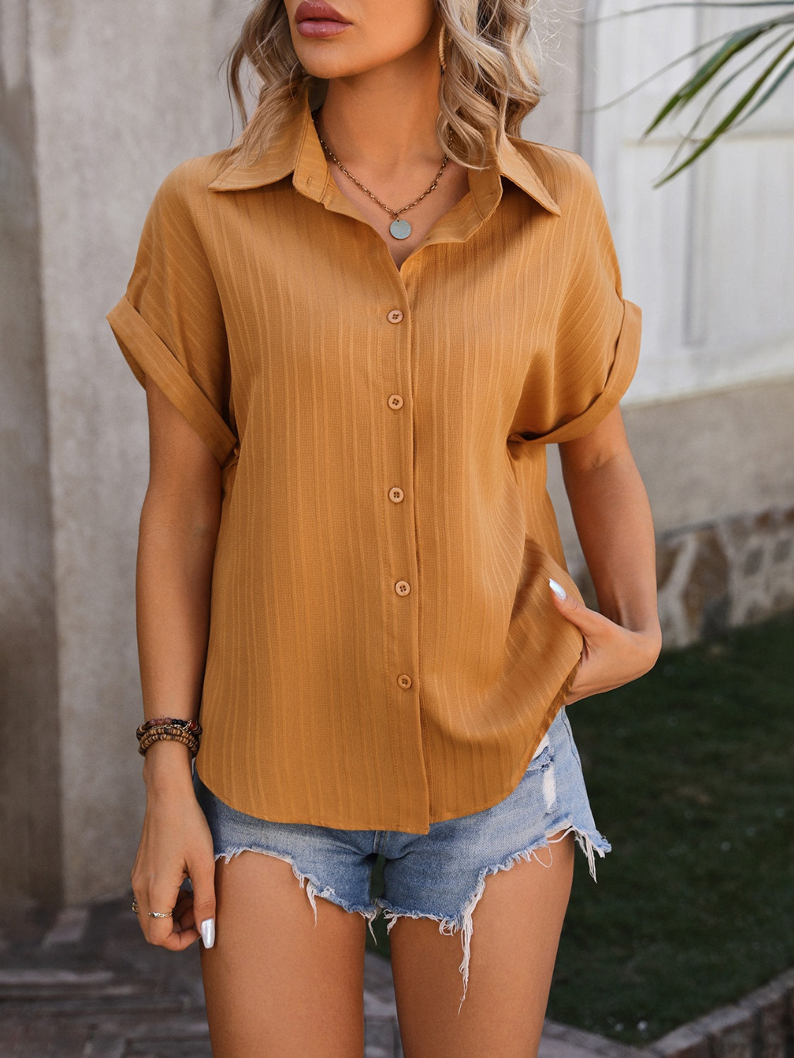 Mandy Textured Button Up Cap Sleeve Shirt