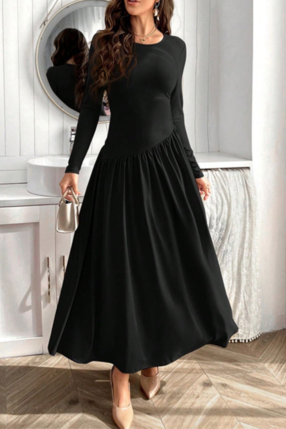 Ruched Round Neck Long Sleeve Dress