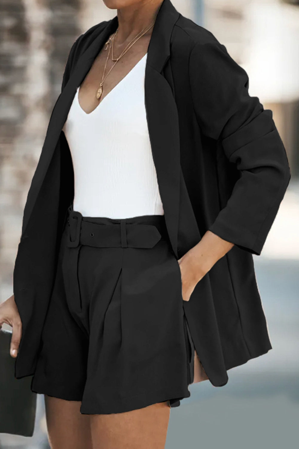 Longline Blazer and Shorts Set with Pockets