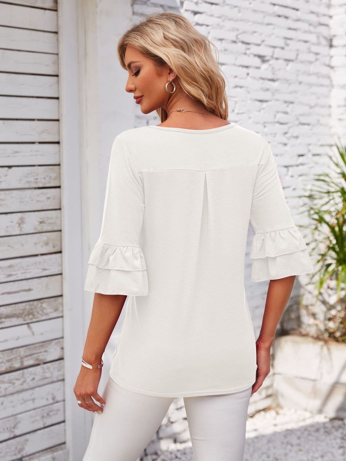 Ruffled Suqare Neck Half Sleeve Blouse