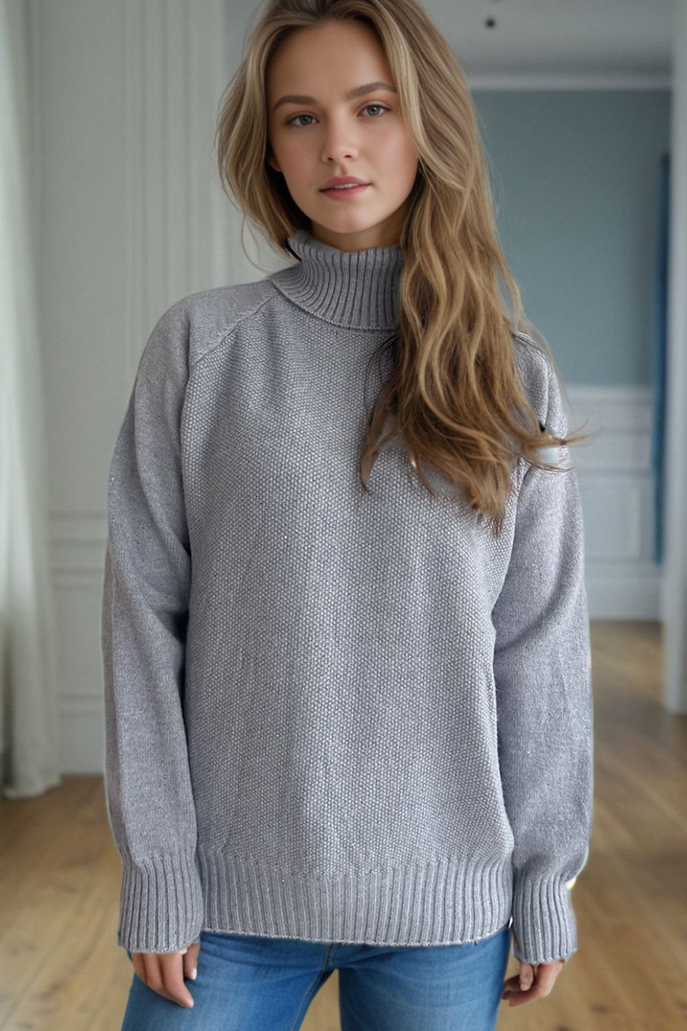 Ribbed Turtleneck Raglan Sleeve Sweater