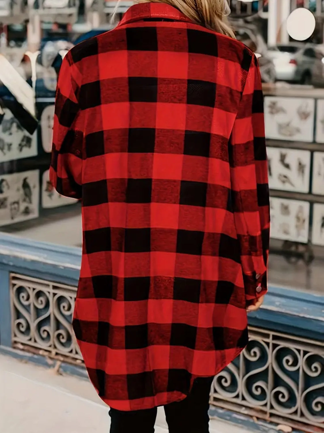 Plaid Collared Neck Snap Down Long Sleeve Jacket