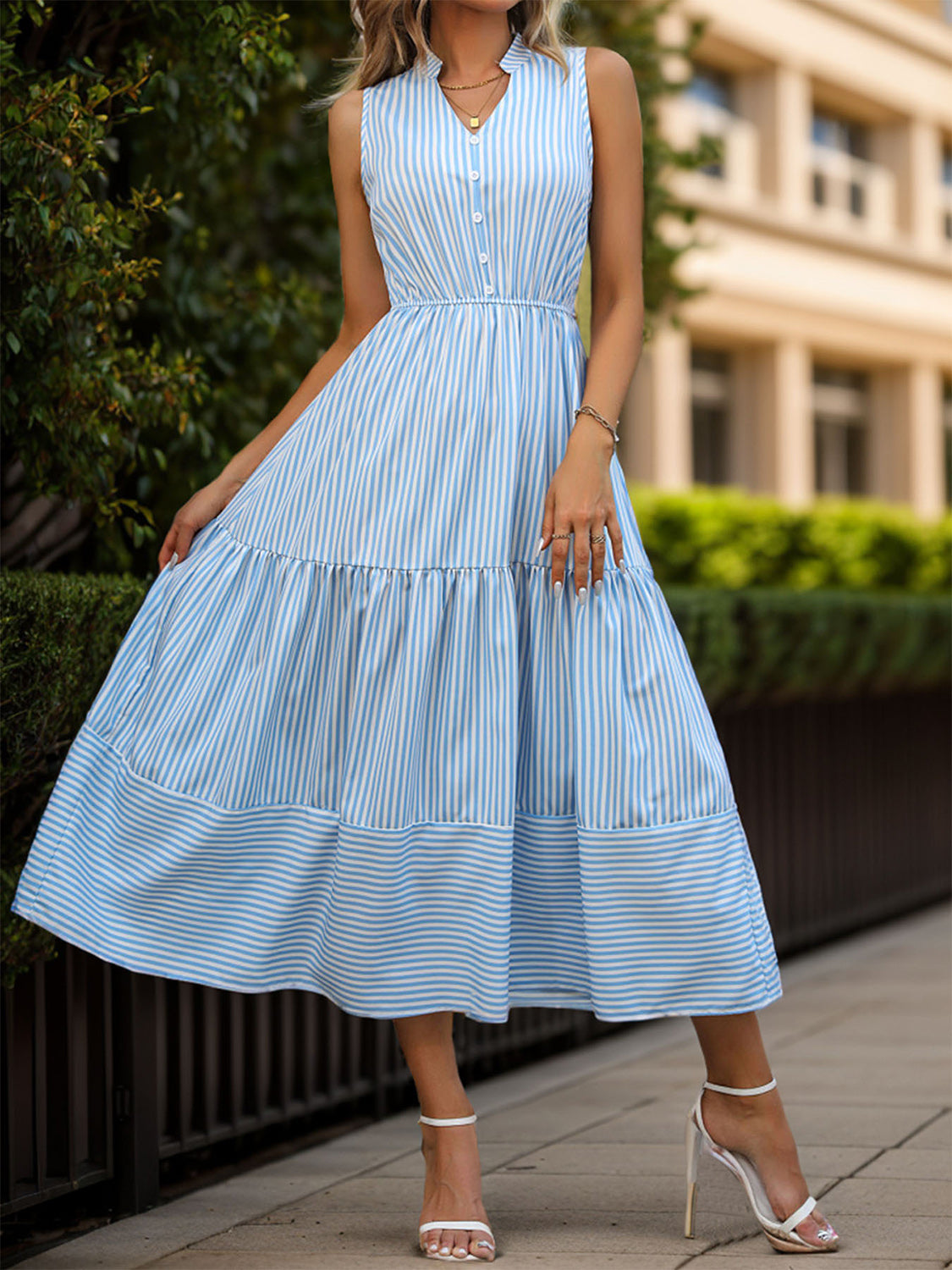 Perfee Striped Notched Sleeveless Midi Dress