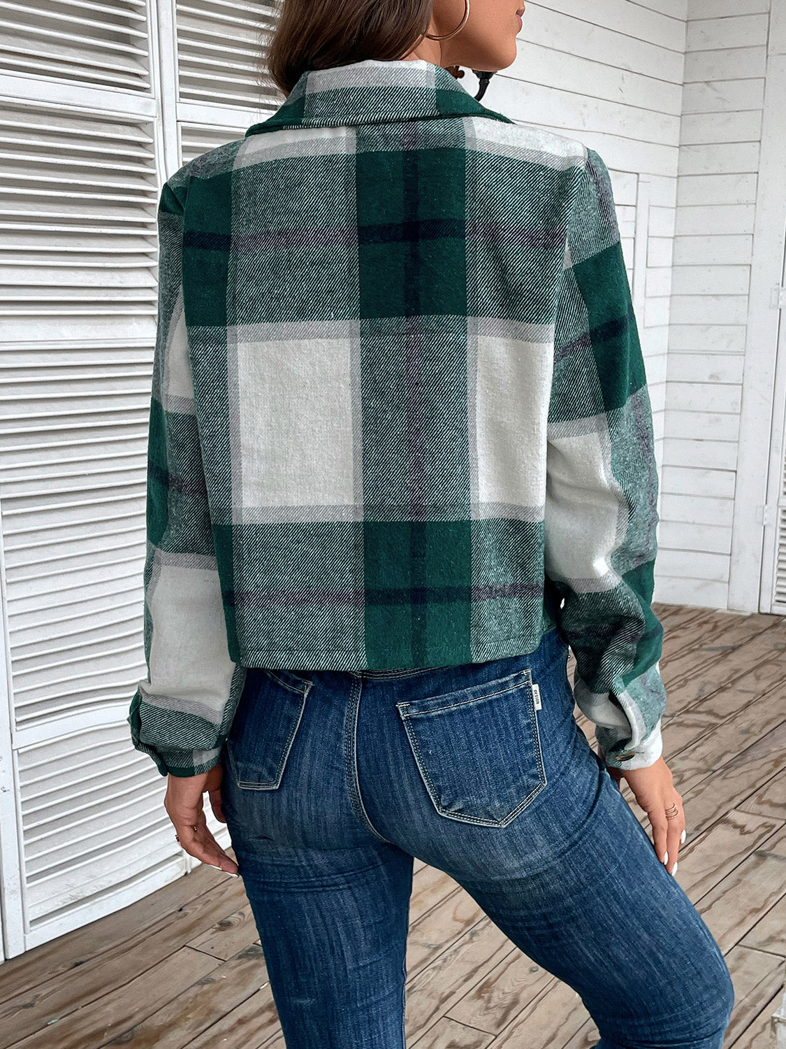 Perfee Plaid Collared Neck Button Up Long Sleeve Jacket