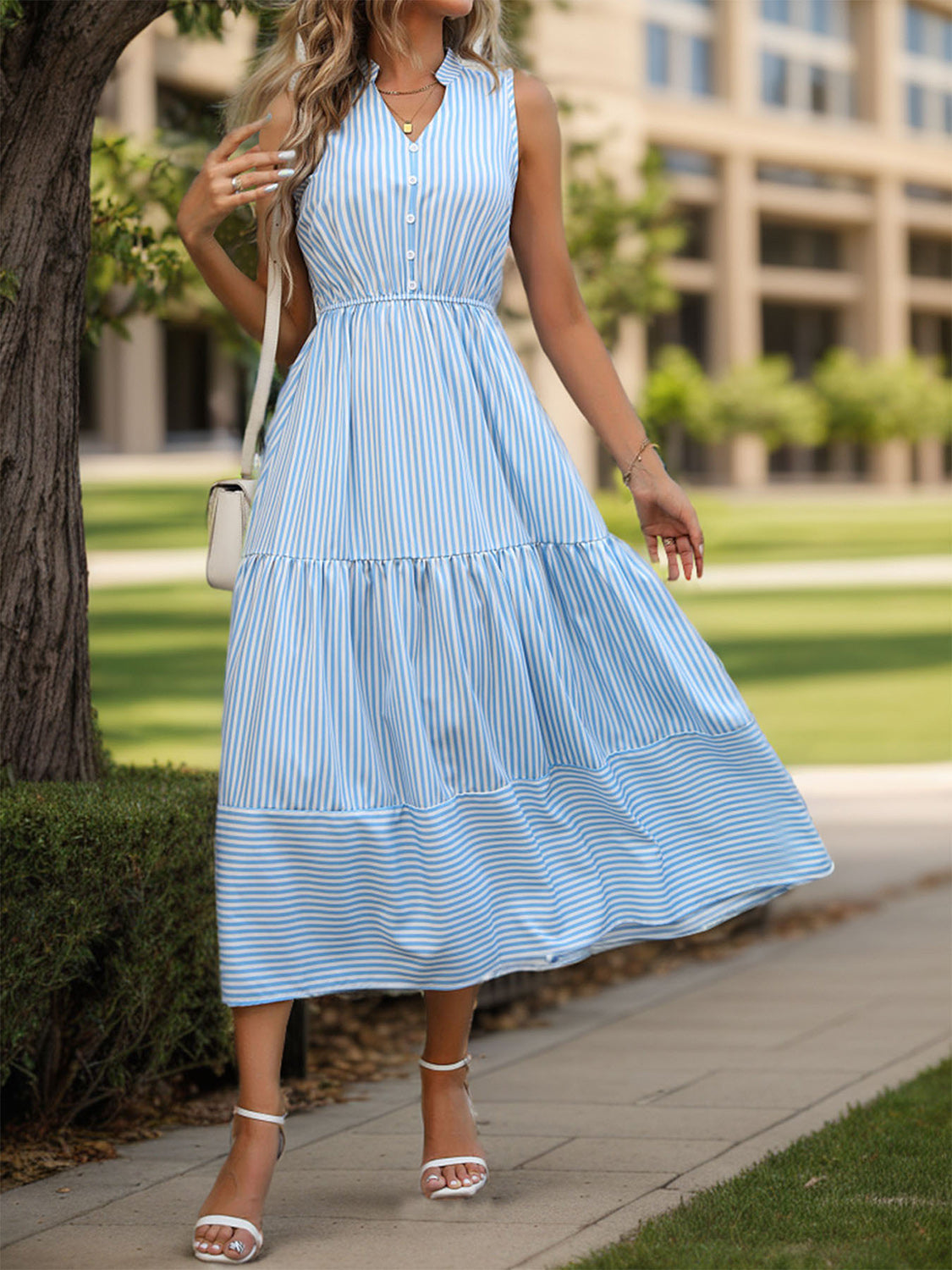 Perfee Striped Notched Sleeveless Midi Dress