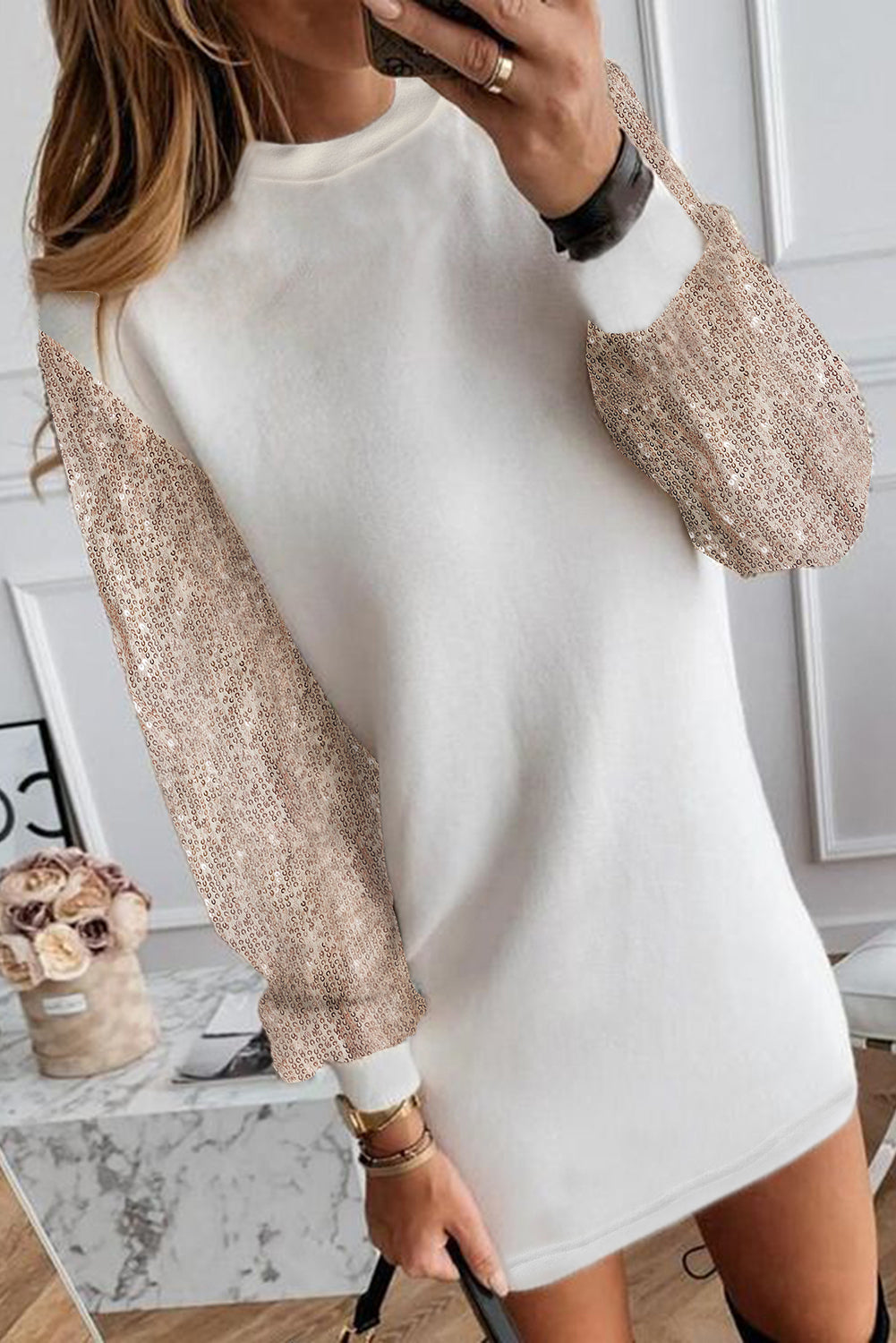 Sequin Long Sleeve Round Neck Mini Dress