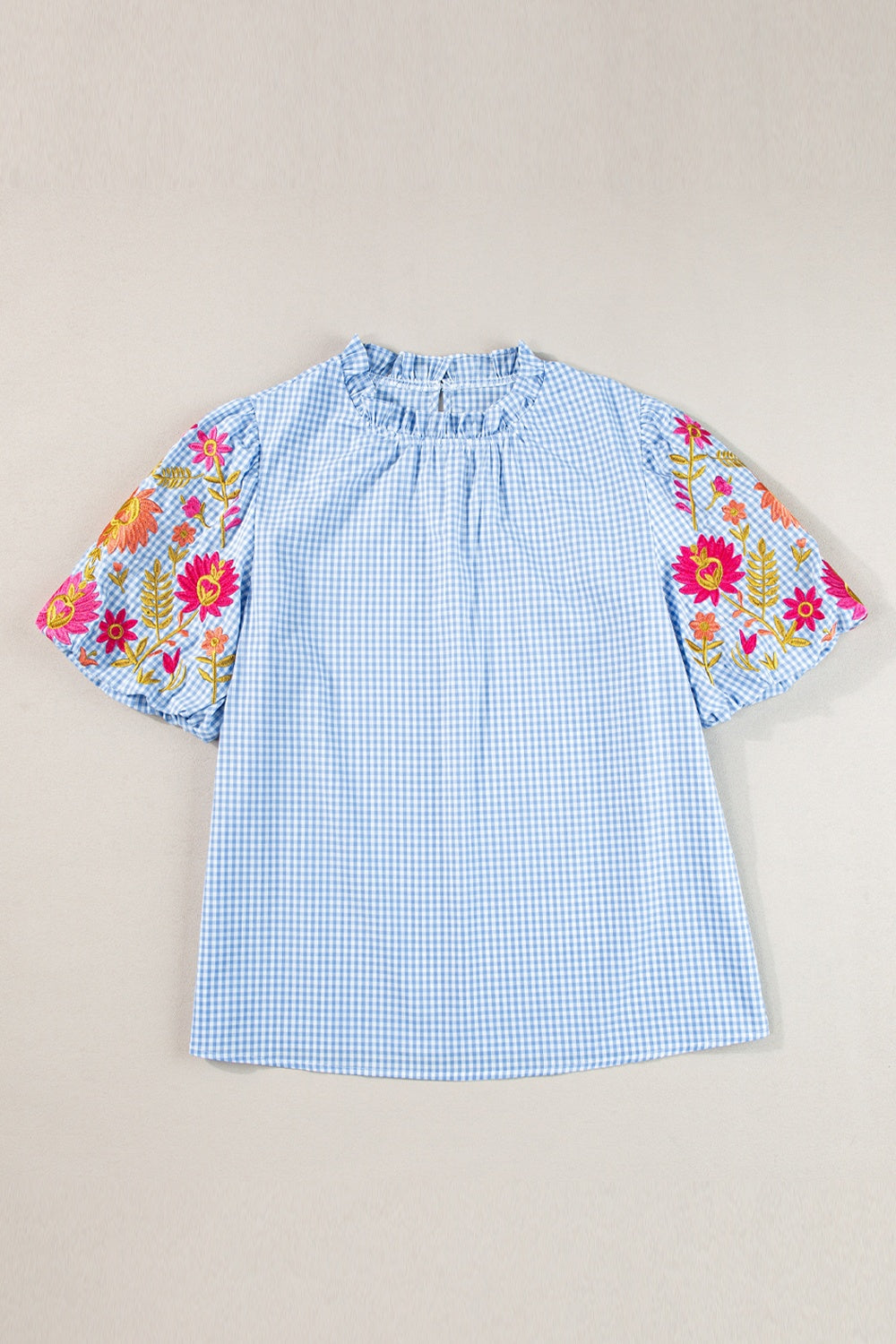 Embroidered Plaid Round Neck Short Sleeve Blouse