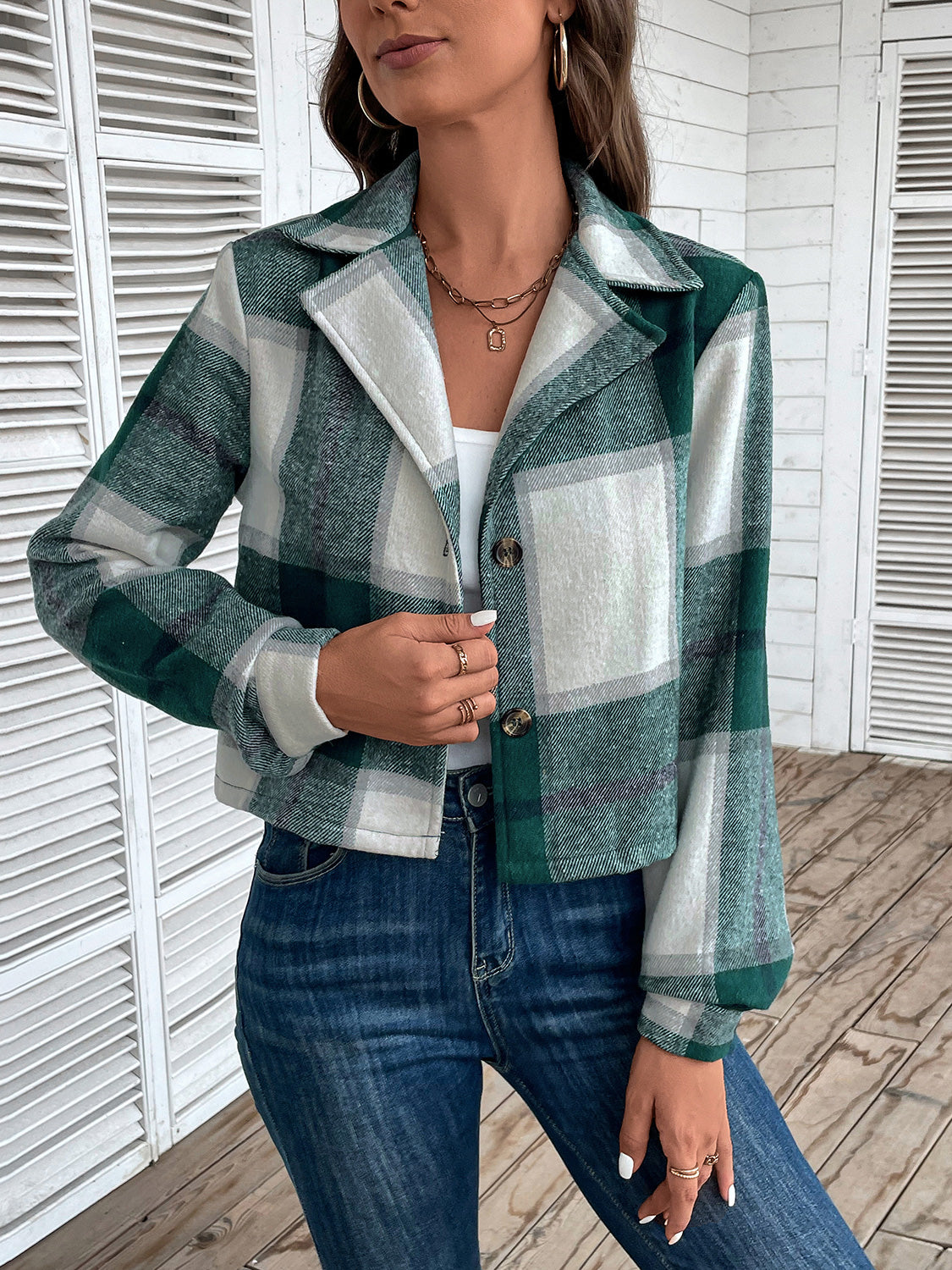 Perfee Plaid Collared Neck Button Up Long Sleeve Jacket