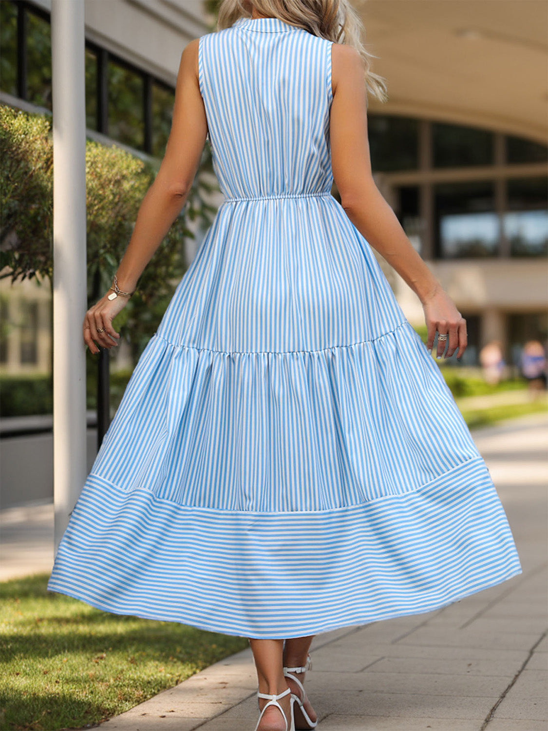 Perfee Striped Notched Sleeveless Midi Dress