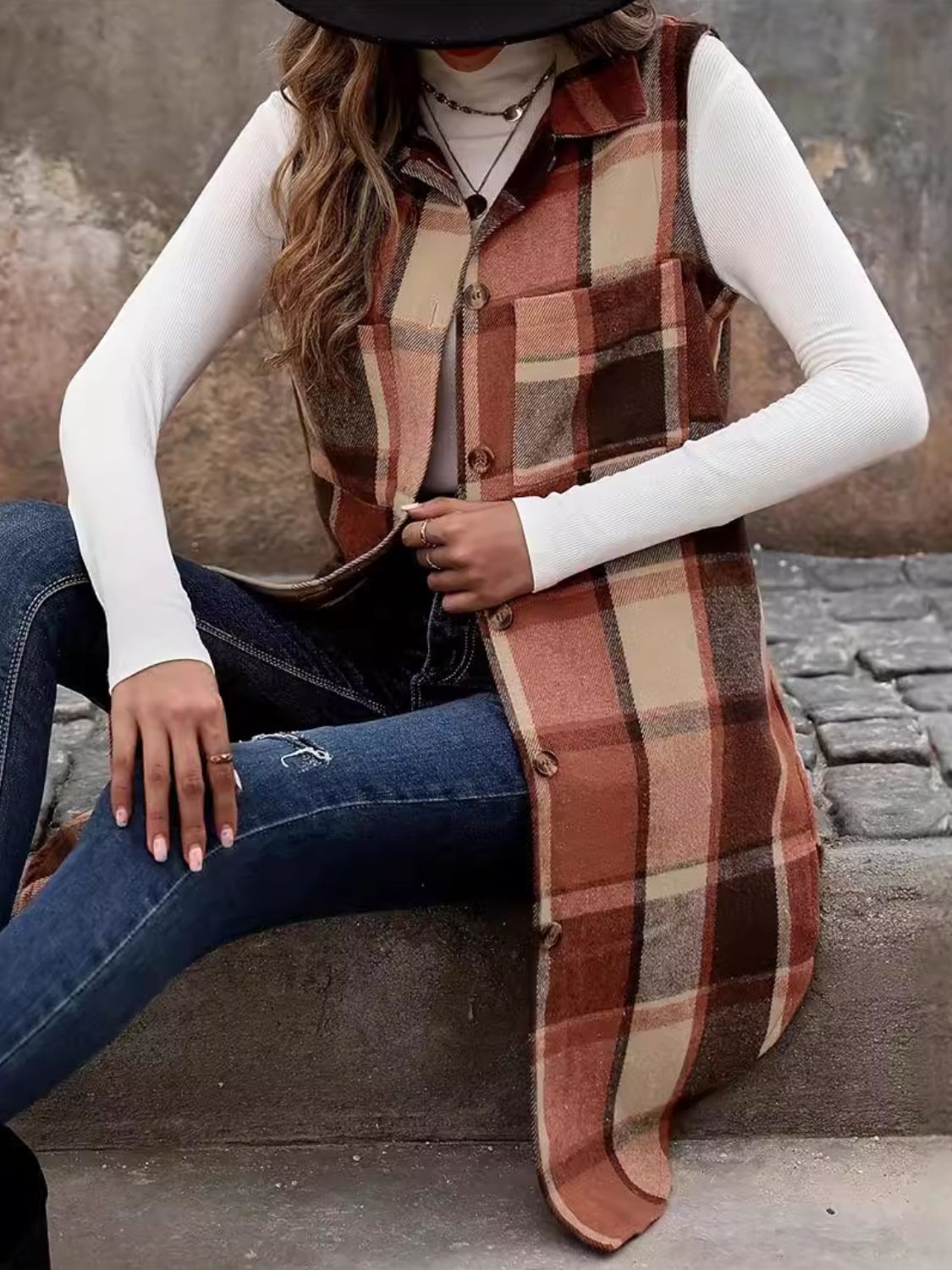 Plaid Button Up Vest Coat